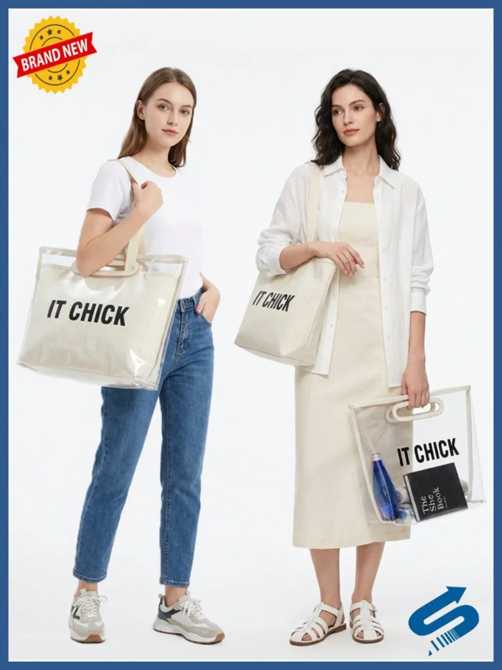 Large Waterproof PVC Tote Bag for Women, Detachable 2-in-1 Canvas Work & Beach
